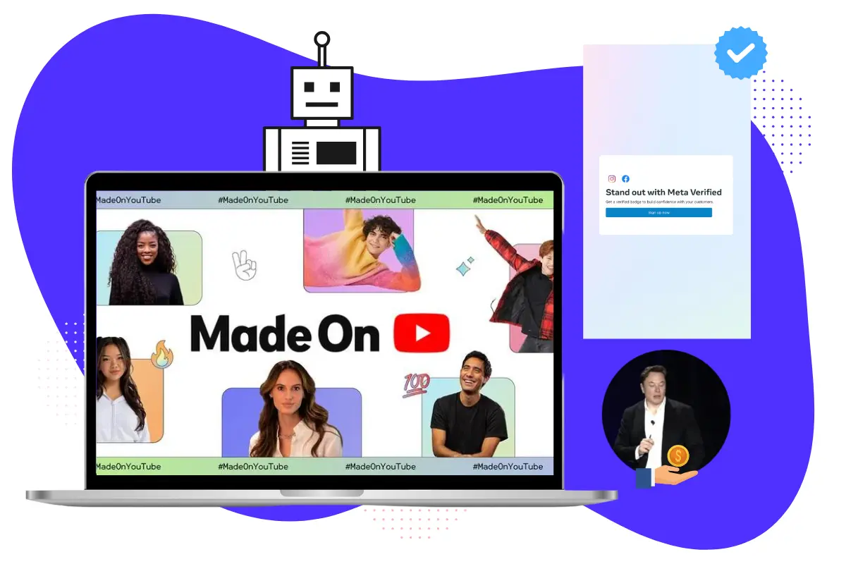Graphic showing laptop with Made on YouTube event, Meta verified and Elon Musk